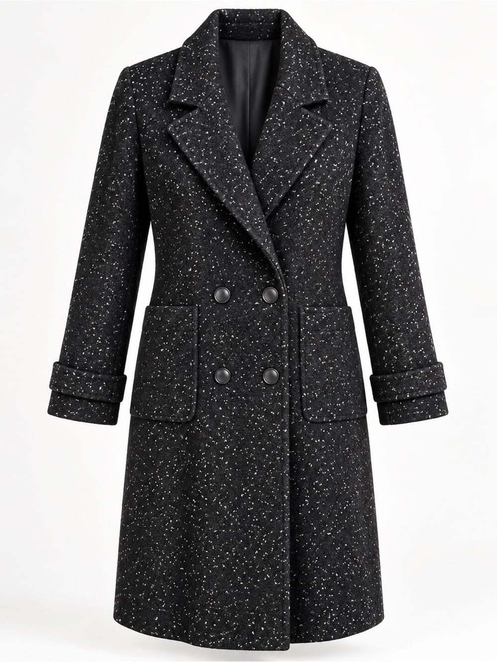 Vintage Speckled Wool Maxi Coat Black Double Breasted Oversized Quiet Luxury